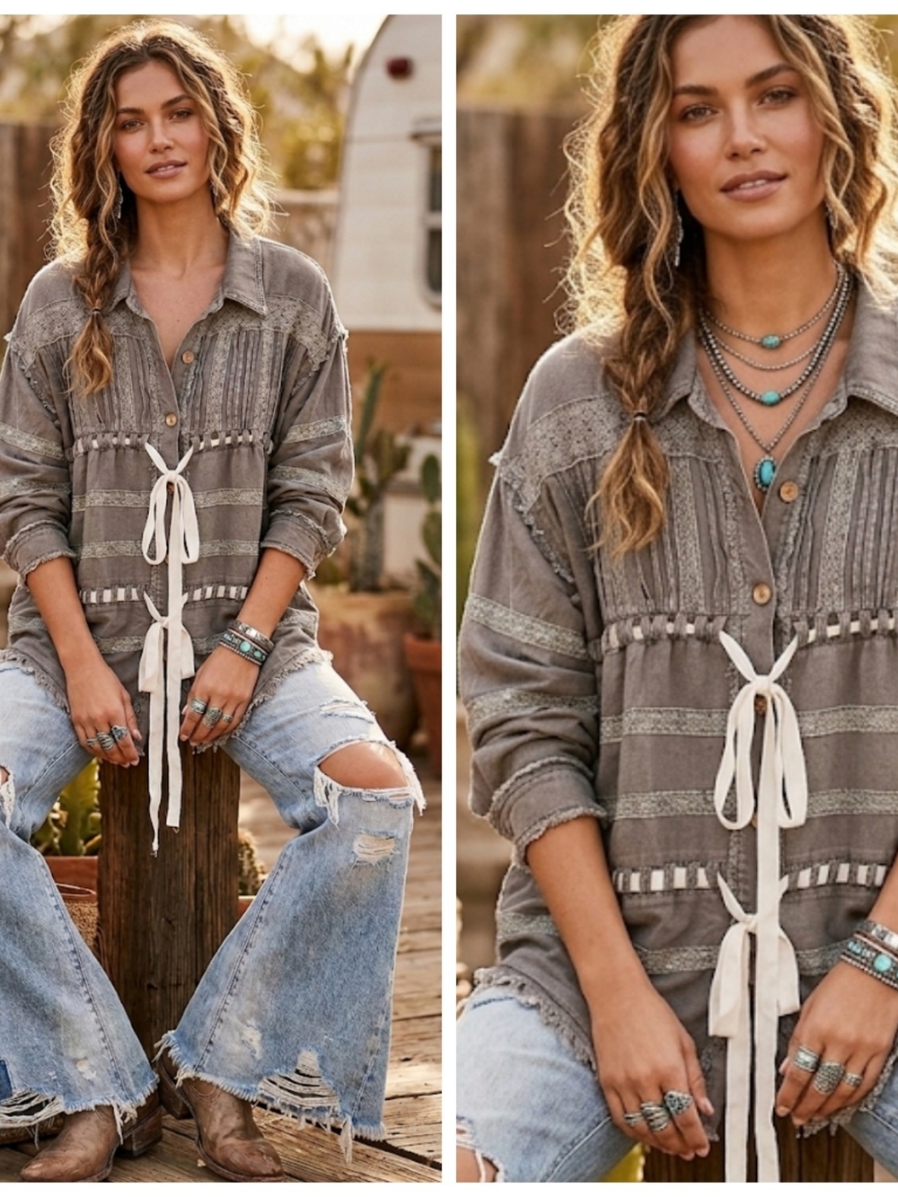Boho Tie-Front Button Shirt - Taupe